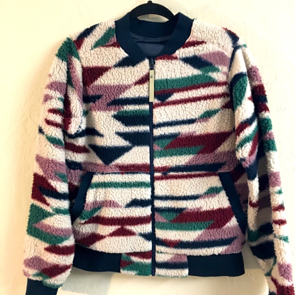 Fuzzy Fleece Zip Up Jacket Size Large Blue Green